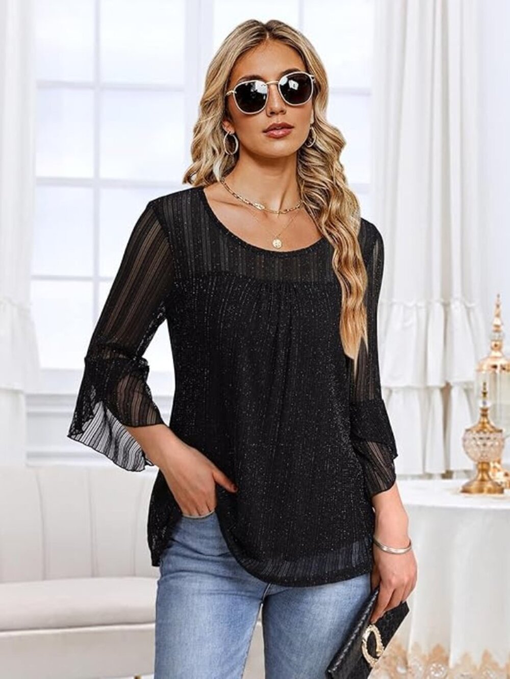 Bebonnie Women's Ruffle 3/4 Sleeve Elegant Dressy Blouses Crew Neck NWT
